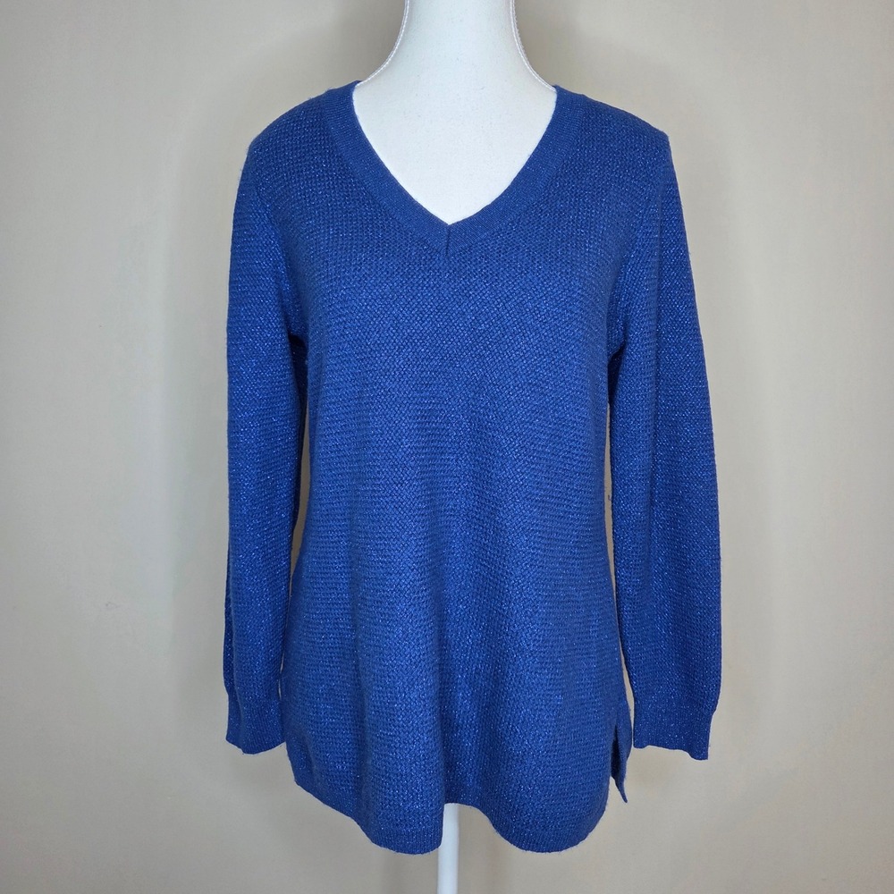 Tommy Bahama Blue Merino Wool Cashmere Metallic V-Neck Sweater Womens Medium